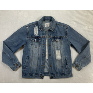 Love Tree Denim Jean Jacket SZ Small Studded Distressed Medium Wash Punk Grunge